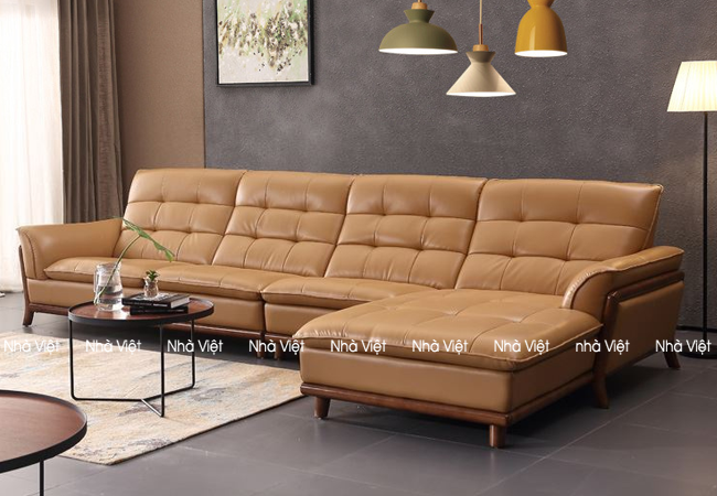 Bộ sofa da phòng khách đẹp tô điểm bởi khung ốp gỗ Sofa da DH 168