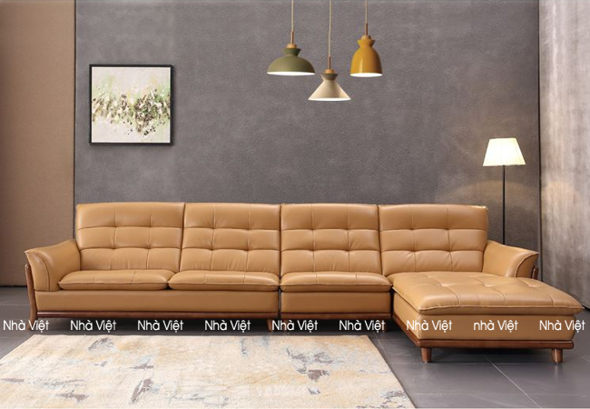 Bộ sofa da phòng khách đẹp tô điểm bởi khung ốp gỗ Sofa da DH 168