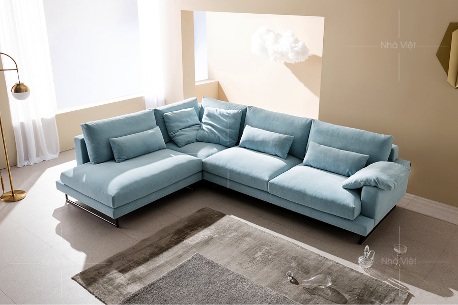 Bàn ghế sofa góc quây phòng khách gam màu xanh 