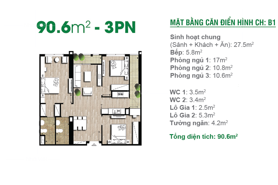 Bàn ghế sofa đẹp căn hộ 90,6m vuông 3 phòng ngủ