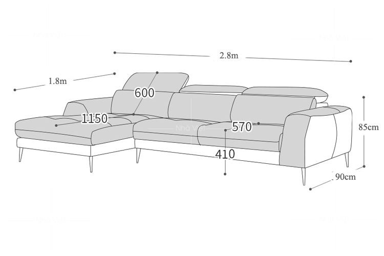 Sofa góc kích thước 2,8m * 1,8m * 90cm phù hợp với diện tích nào ?